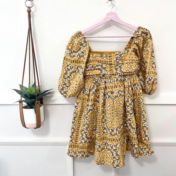 Abercrombie and Fitch Emerson Poplin Puff Sleeve Yellow Floral Mini Dress Size M - Picture 3 of 6